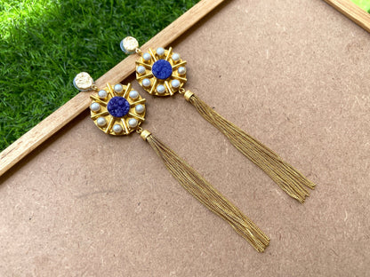 The Enache Blue Druzy & Pearl Tassel Earrings TheEnache