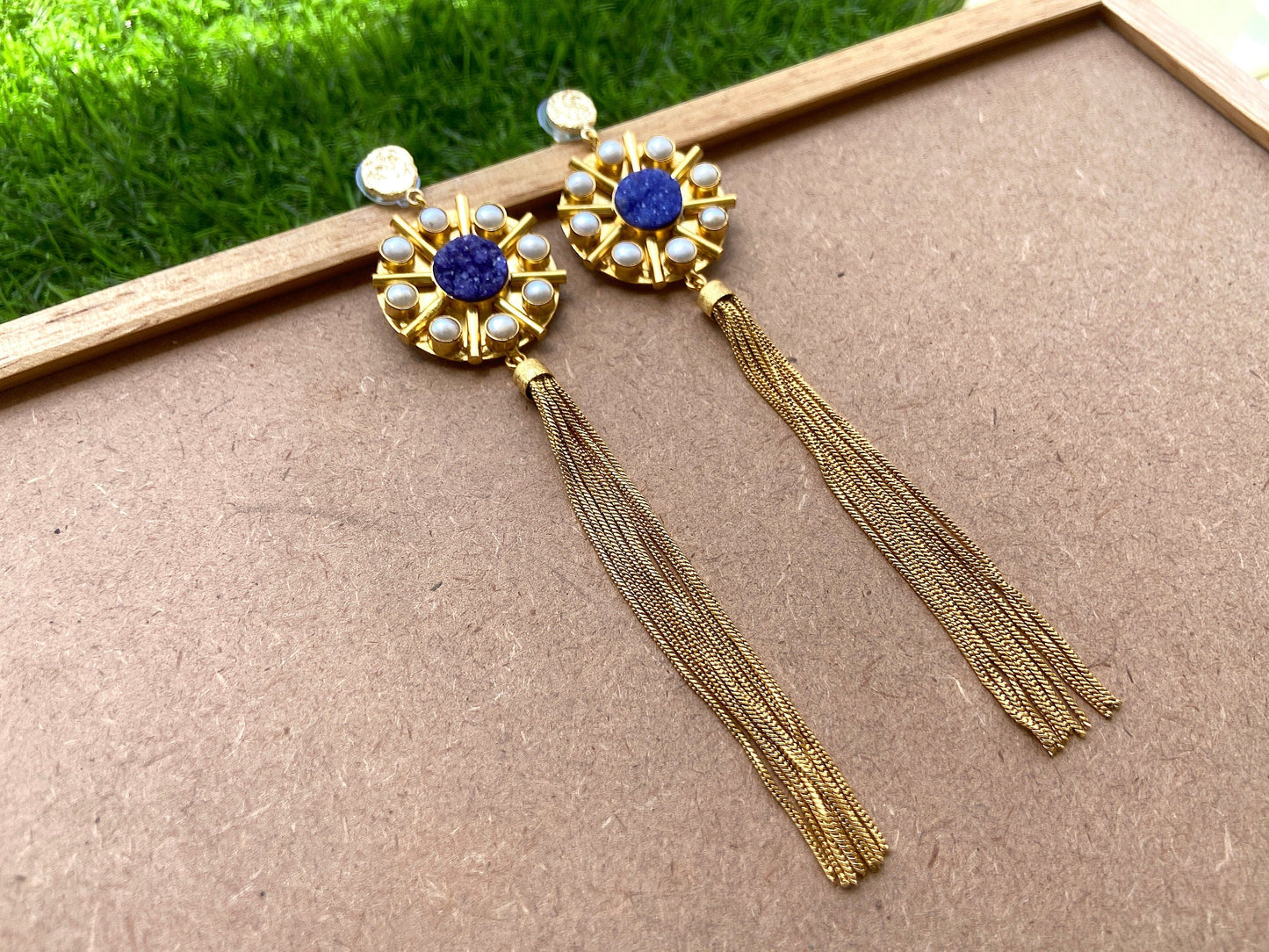 The Enache Blue Druzy & Pearl Tassel Earrings TheEnache