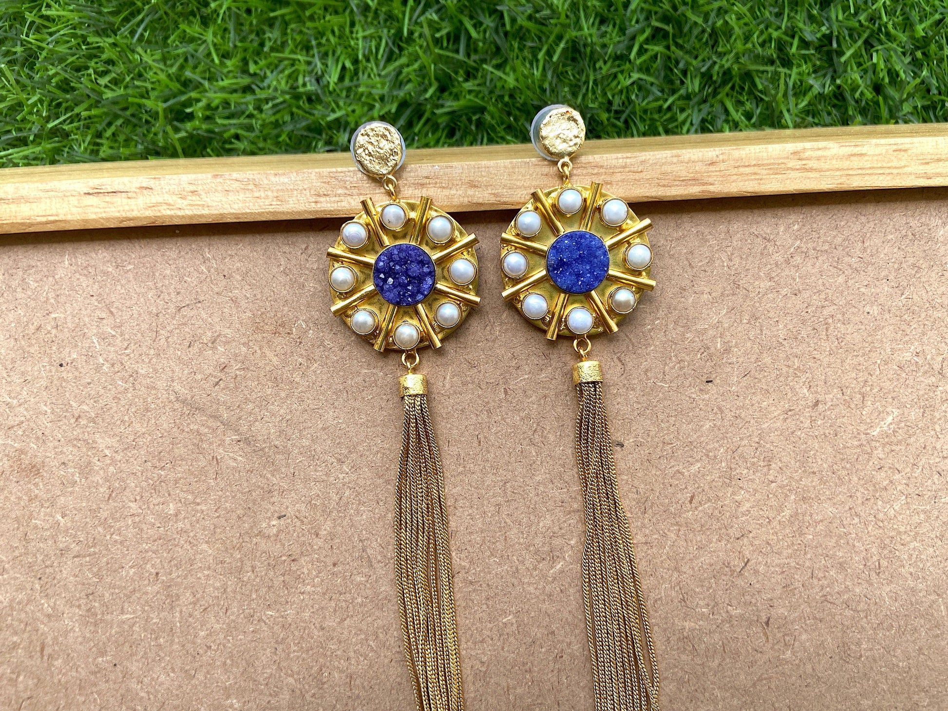 The Enache Blue Druzy & Pearl Tassel Earrings TheEnache