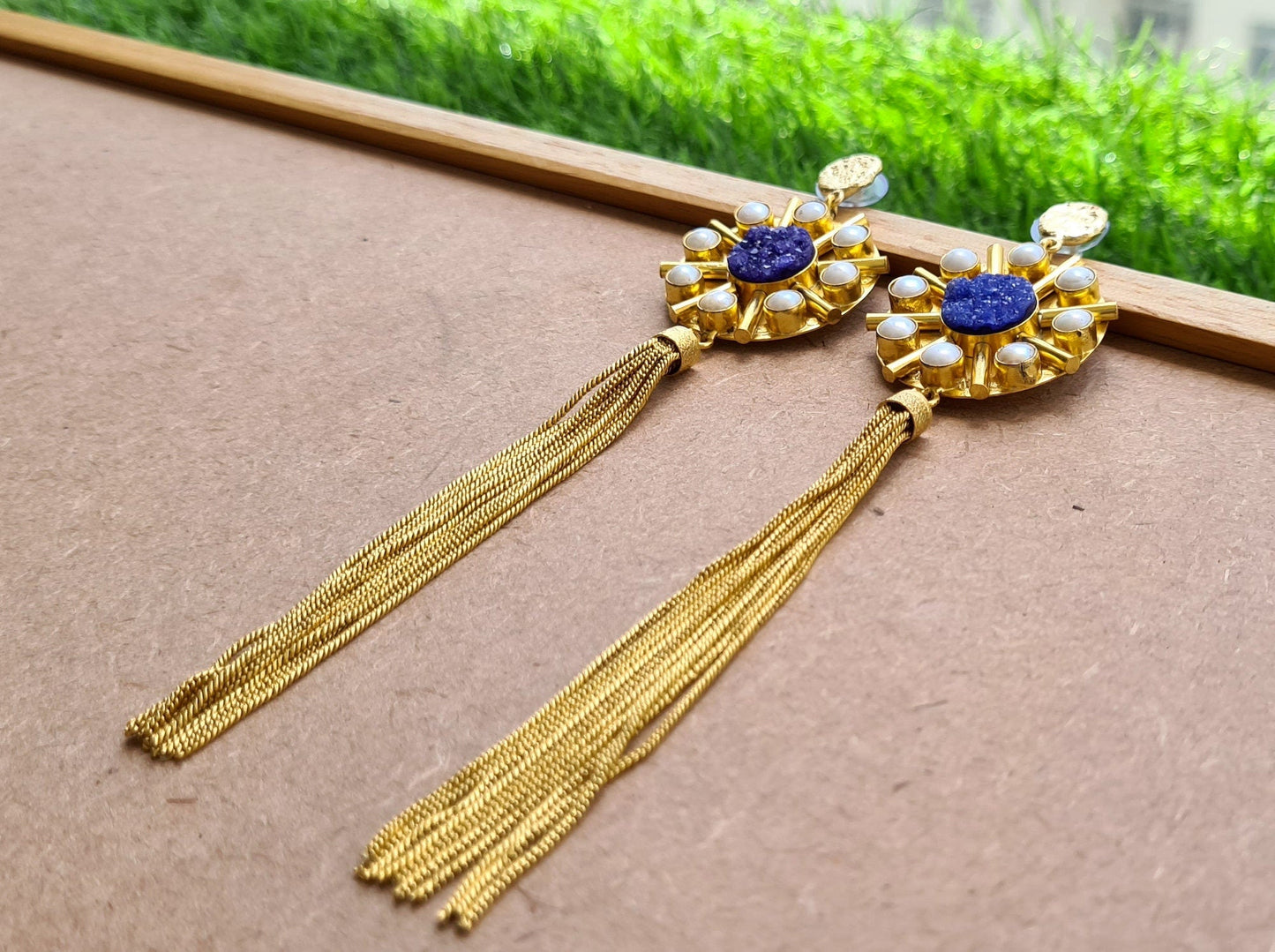 The Enache Blue Druzy & Pearl Tassel Earrings TheEnache