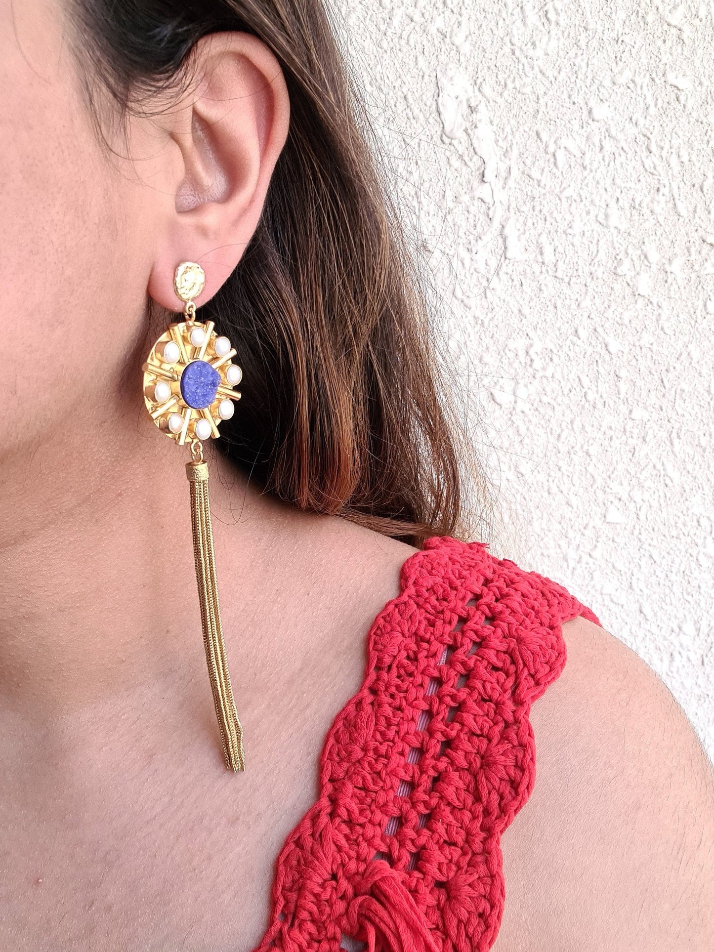The Enache Blue Druzy & Pearl Tassel Earrings TheEnache