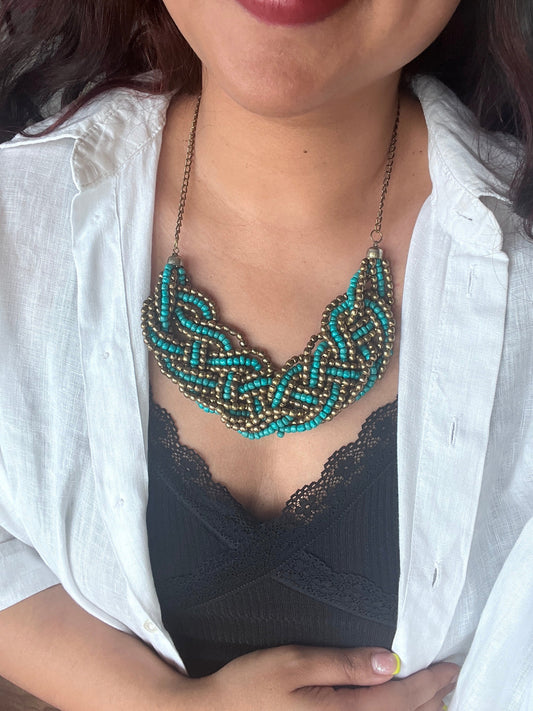 The Enache Blue Gold Braided Beaded Statement Necklace TheEnache