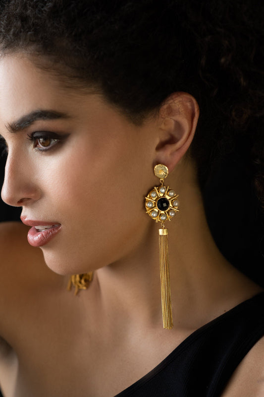 The Enache Boho Pearl Gold Black Tassel Chandelier Earrings TheEnache