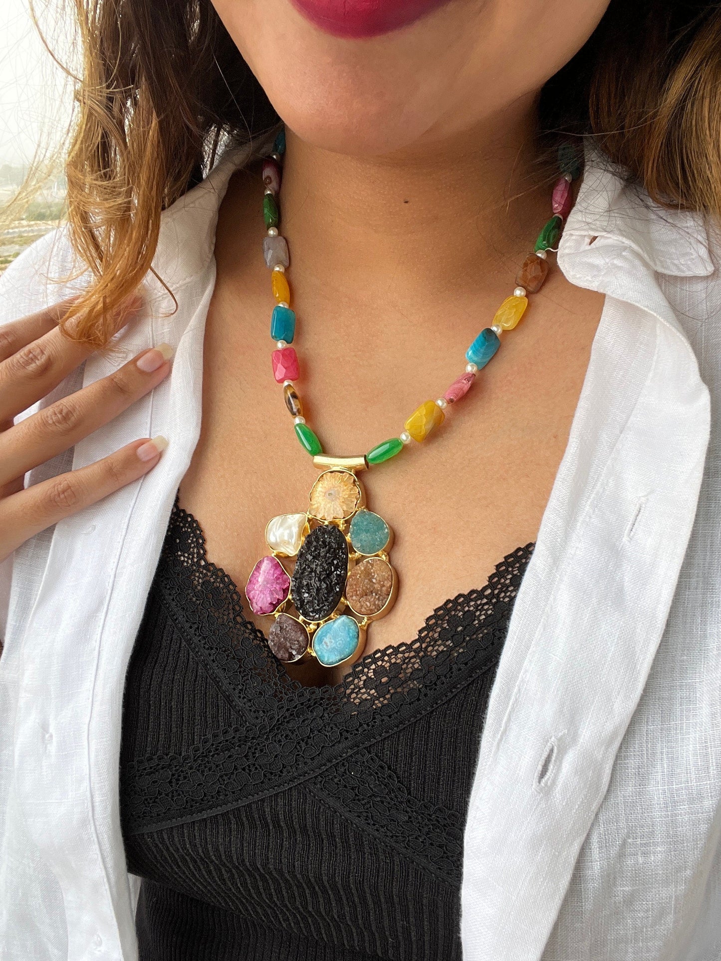 The Enache Colorful Druzy Pendant Necklace TheEnache