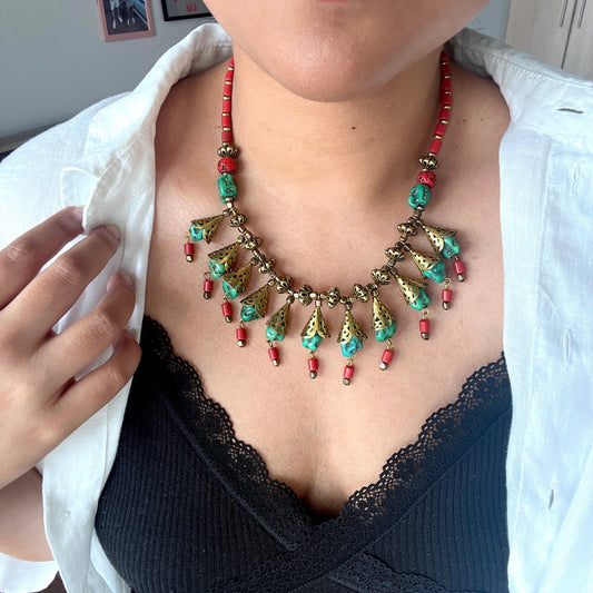 The Enache Coral & Turquoise Bib Statement Necklace – Boho Beaded Jewelry TheEnache