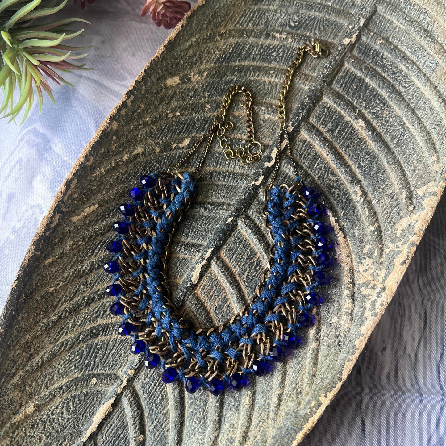 The Enache Dark Blue Crochet Beaded Statement Bib Necklace TheEnache