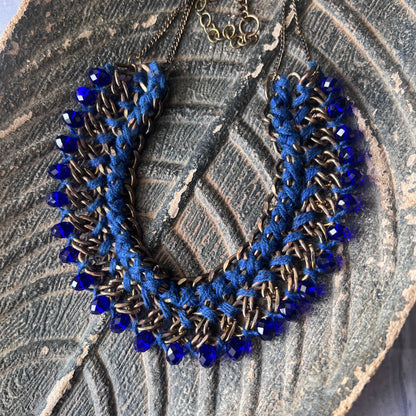 The Enache Dark Blue Crochet Beaded Statement Bib Necklace TheEnache