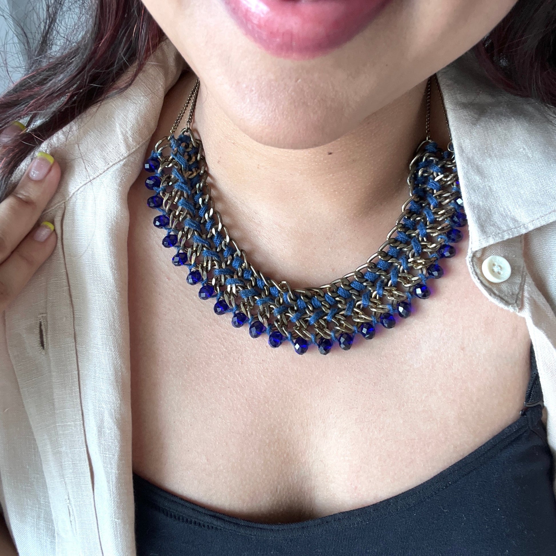 The Enache Dark Blue Crochet Beaded Statement Bib Necklace TheEnache
