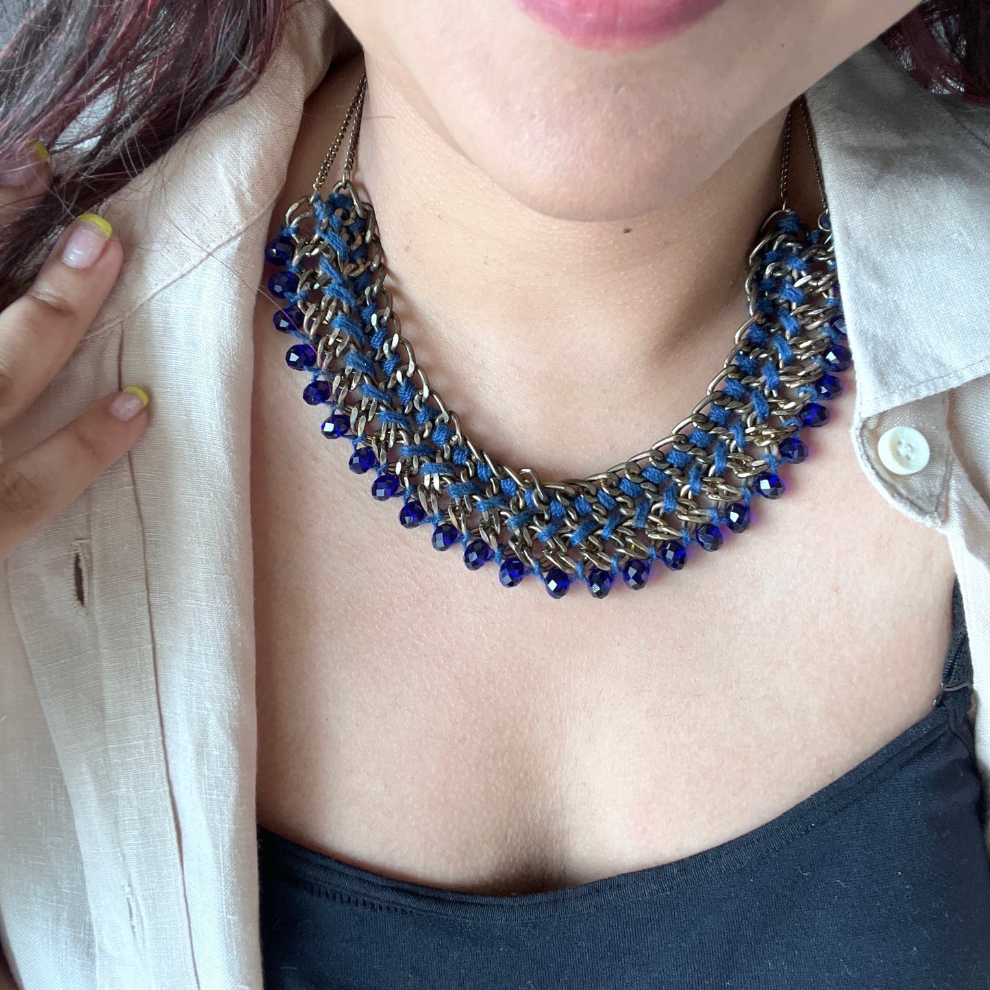 The Enache Dark Blue Crochet Beaded Statement Bib Necklace TheEnache