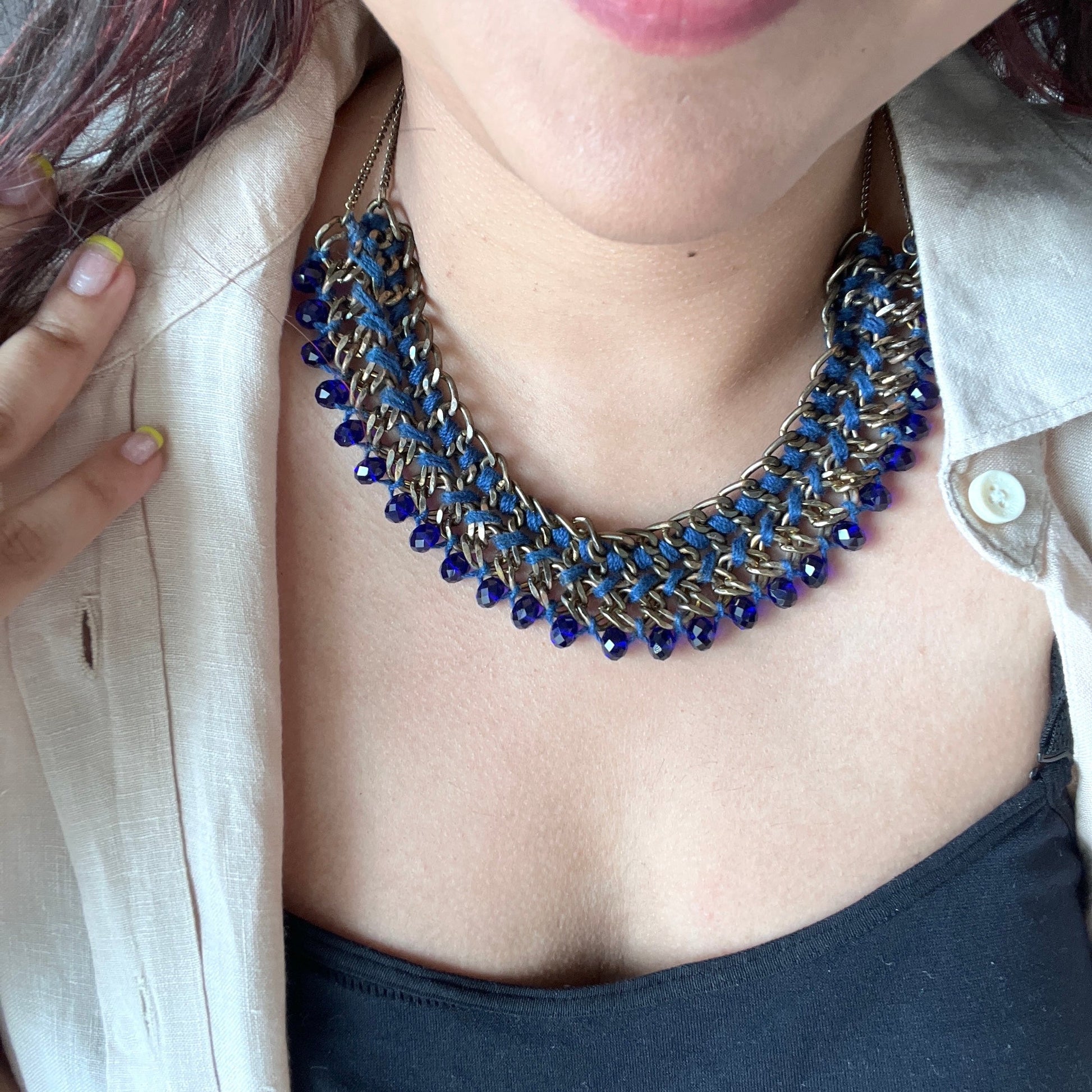 The Enache Dark Blue Crochet Beaded Statement Bib Necklace TheEnache