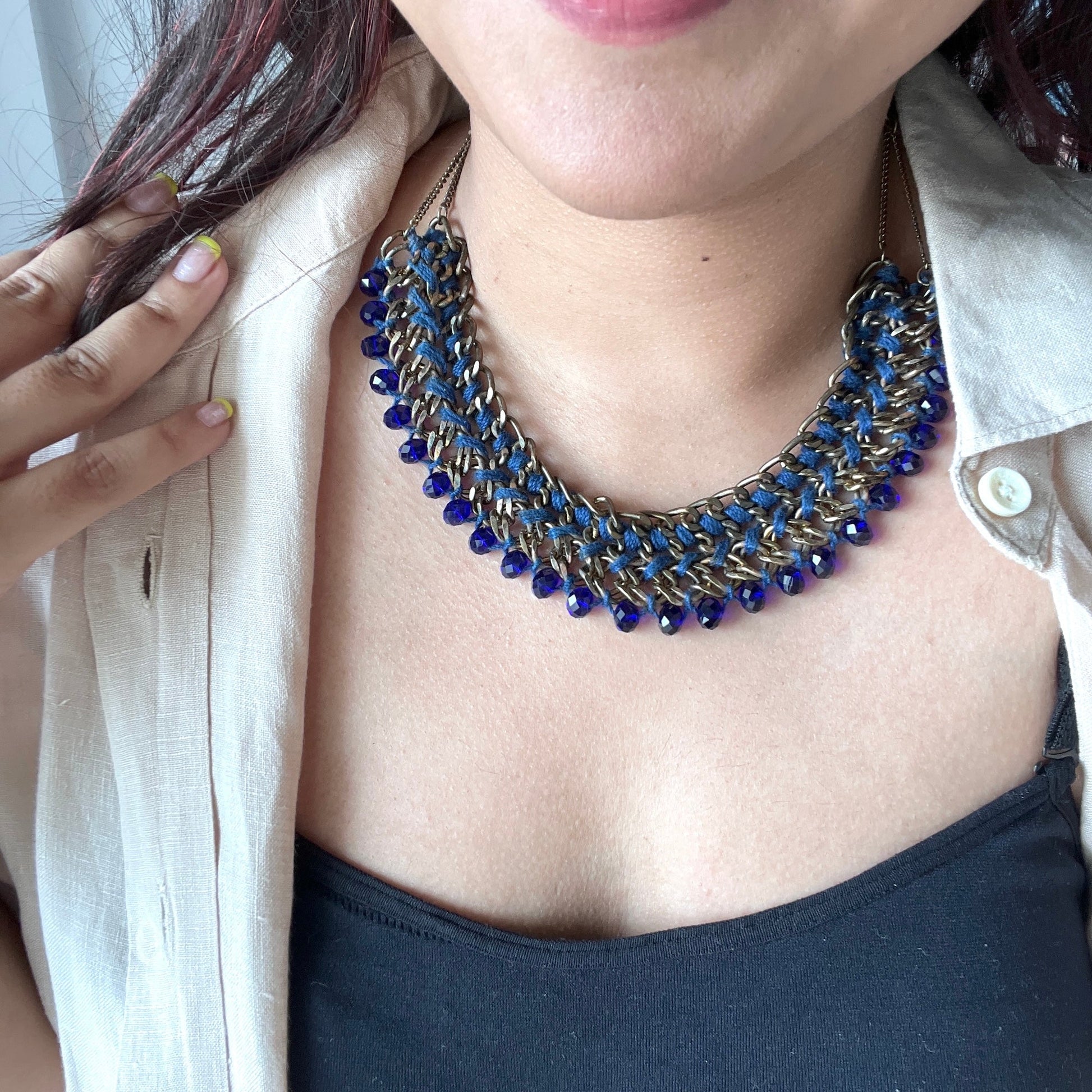 The Enache Dark Blue Crochet Beaded Statement Bib Necklace TheEnache