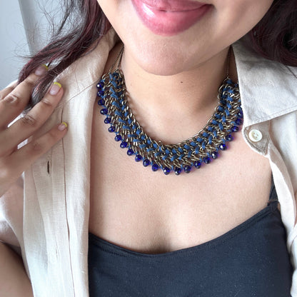 The Enache Dark Blue Crochet Beaded Statement Bib Necklace TheEnache