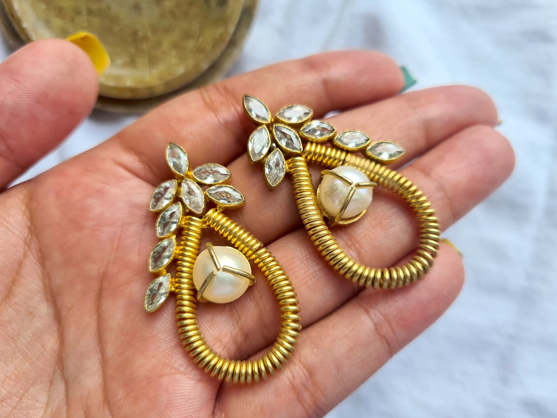 The Enache Gold Zircon Pearl Earrings TheEnache