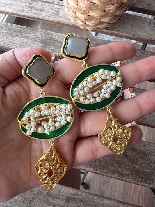 The Enache Green Enamel Pearl Long Gold Statement Earrings TheEnache