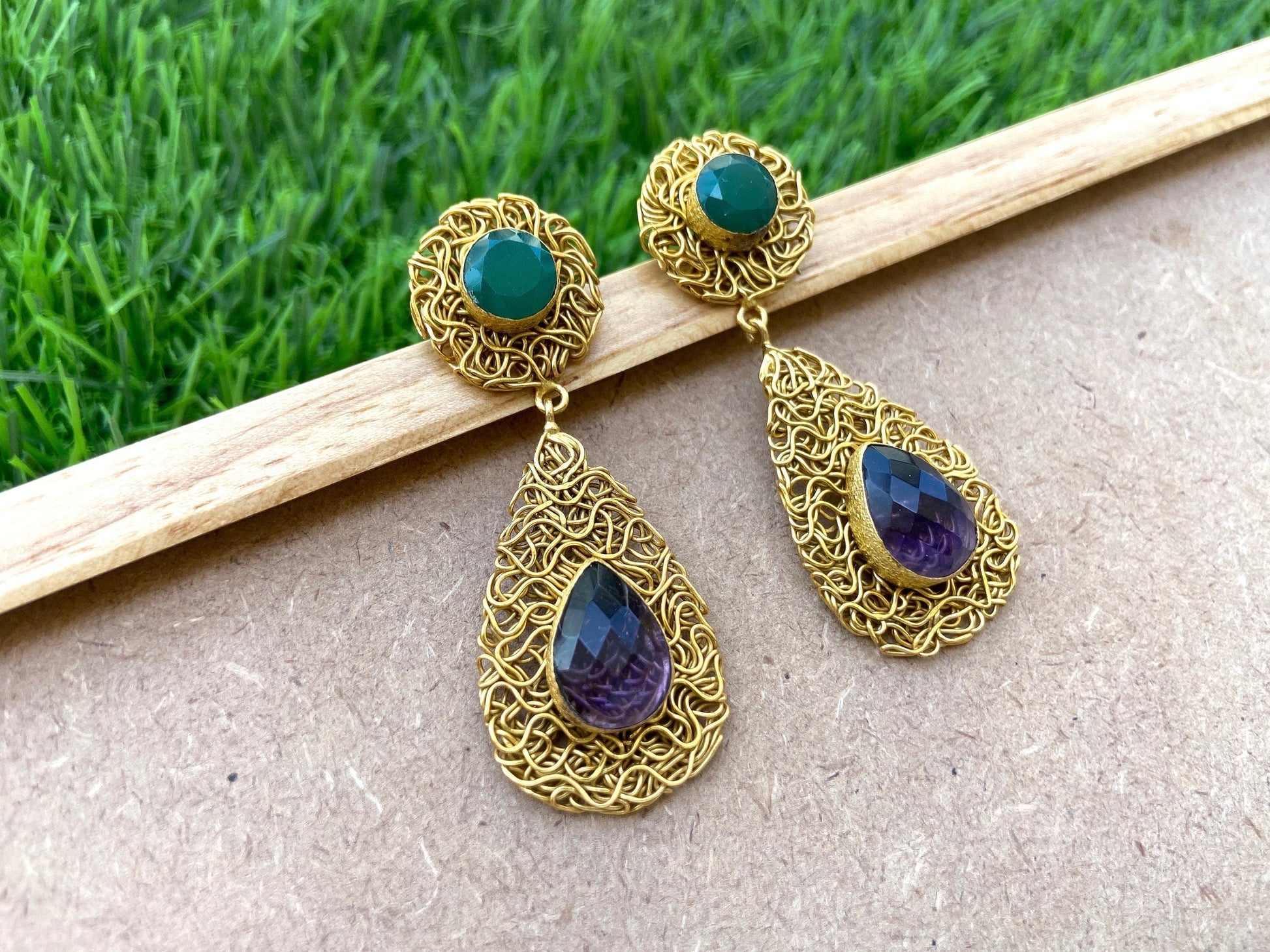 The Enache Green Onyx & Amethyst Teardrop Earrings TheEnache
