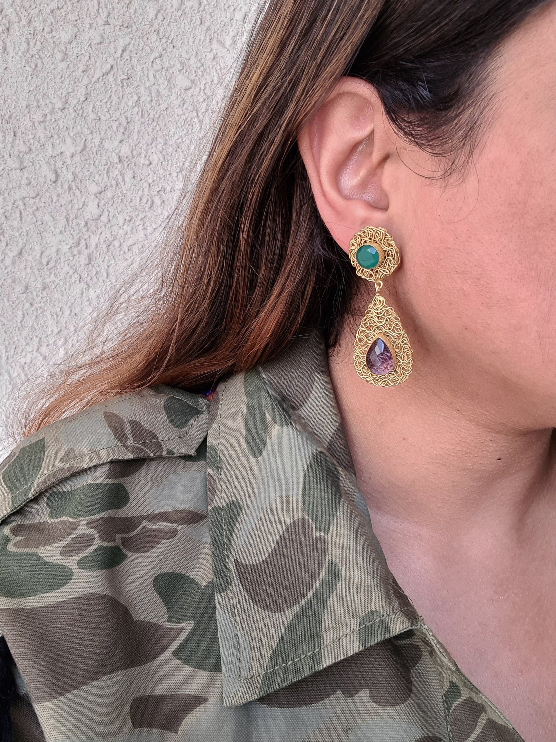 The Enache Green Onyx & Amethyst Teardrop Earrings TheEnache