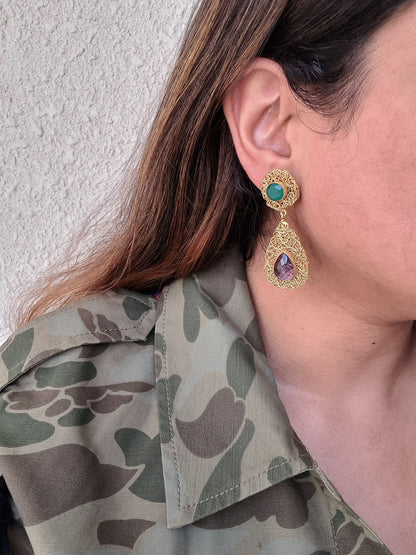 The Enache Green Onyx & Amethyst Teardrop Earrings TheEnache
