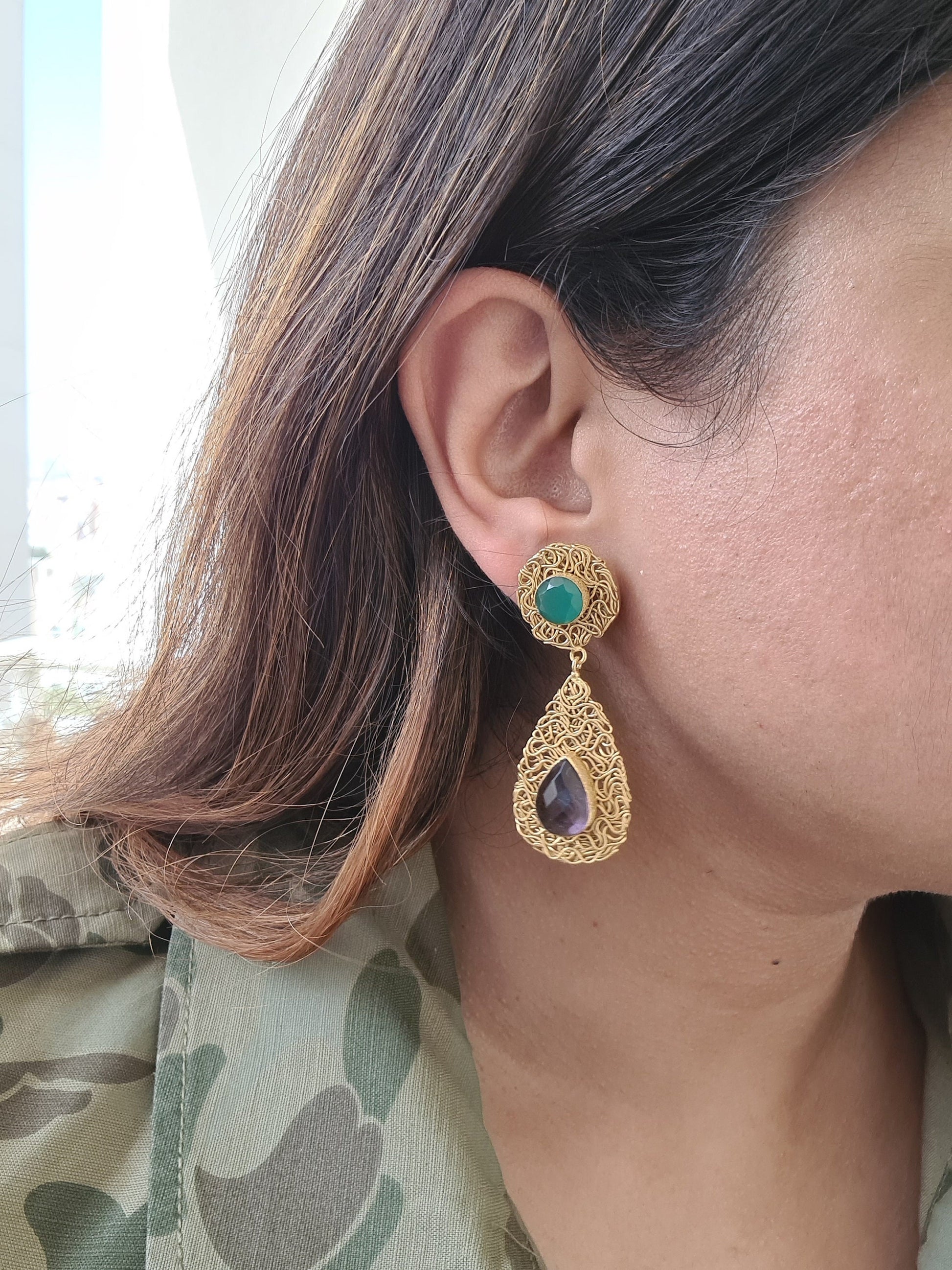 The Enache Green Onyx & Amethyst Teardrop Earrings TheEnache