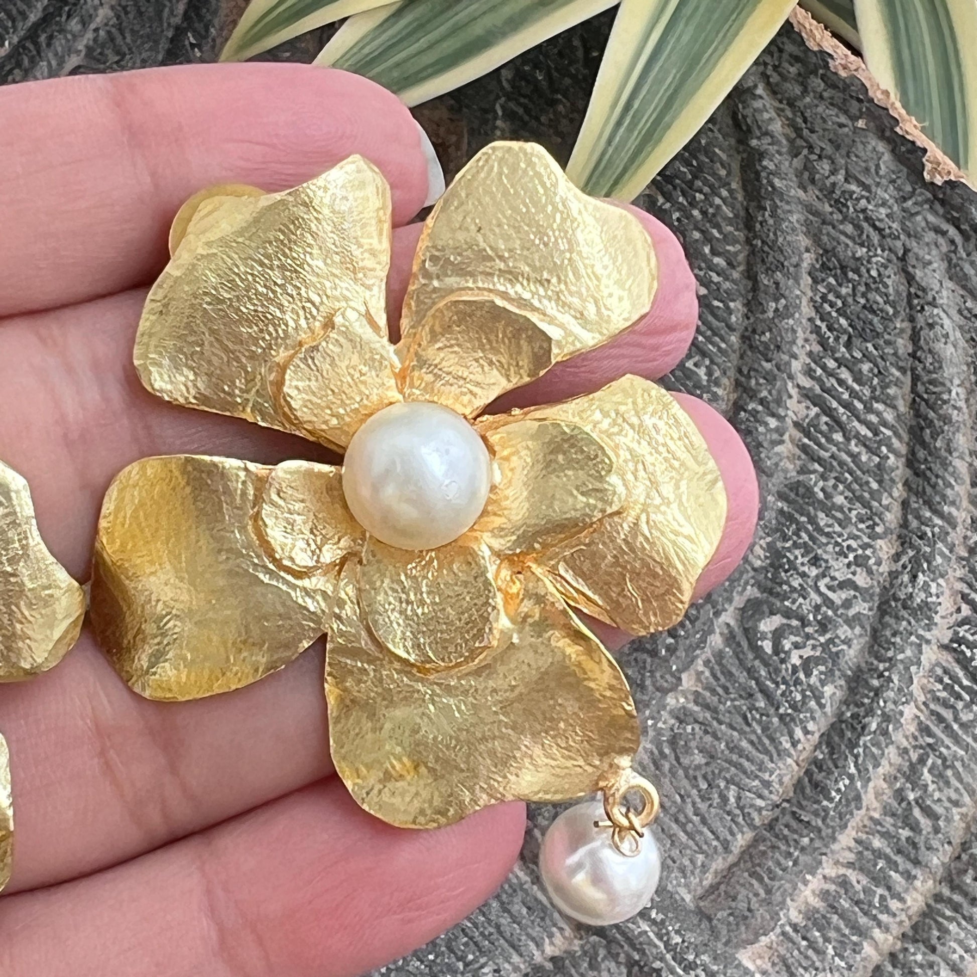 The Enache Heer Rani Floral Pearls - Oversized Gold Pearl Flower Statement Earrings TheEnache