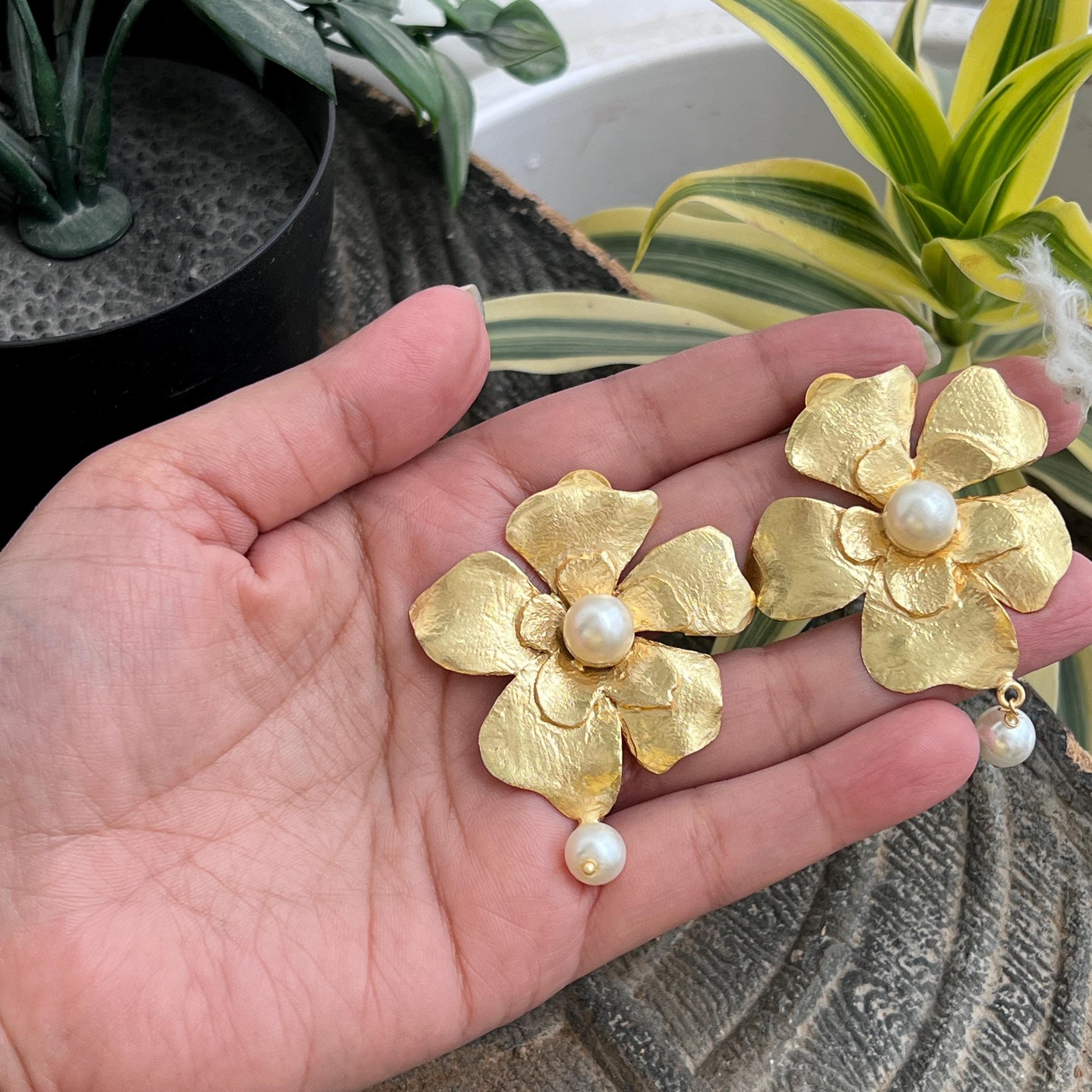 The Enache Heer Rani Floral Pearls - Oversized Gold Pearl Flower Statement Earrings TheEnache