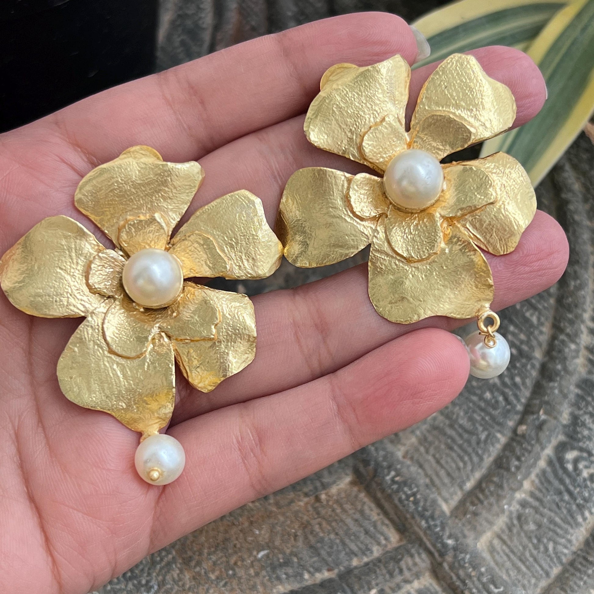The Enache Heer Rani Floral Pearls - Oversized Gold Pearl Flower Statement Earrings TheEnache