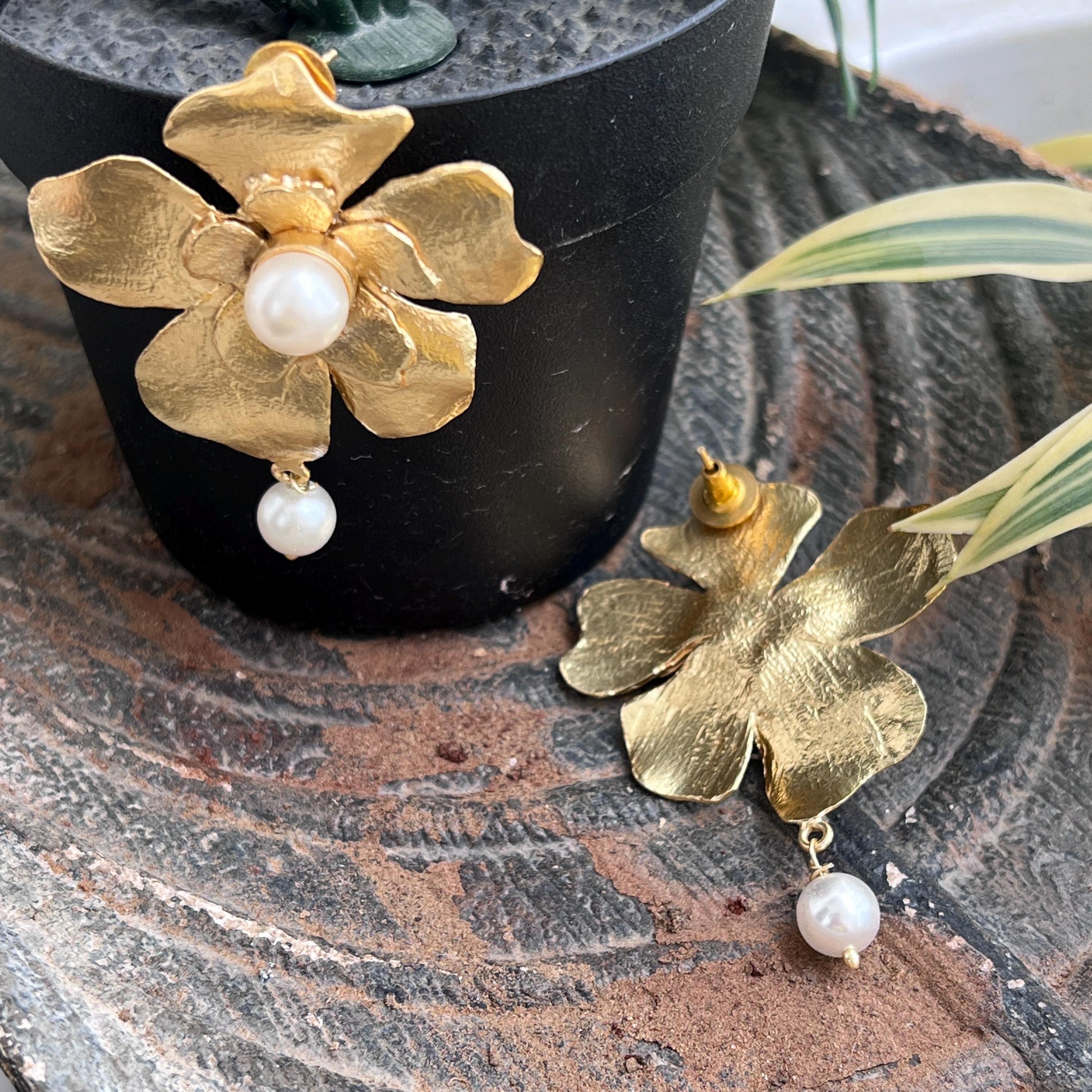 The Enache Heer Rani Floral Pearls - Oversized Gold Pearl Flower Statement Earrings TheEnache