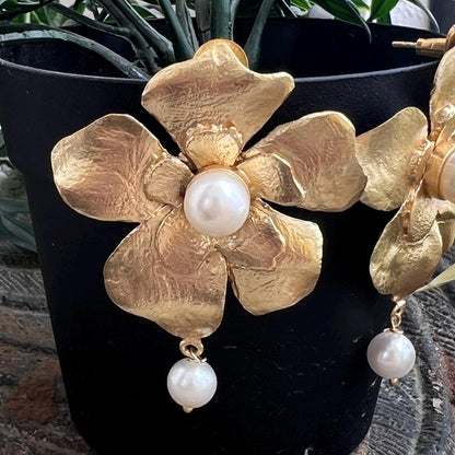 The Enache Heer Rani Floral Pearls - Oversized Gold Pearl Flower Statement Earrings TheEnache