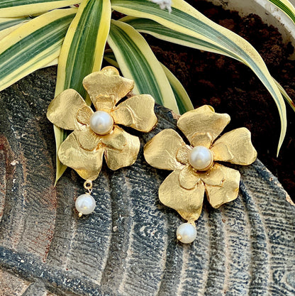 The Enache Heer Rani Floral Pearls - Oversized Gold Pearl Flower Statement Earrings TheEnache