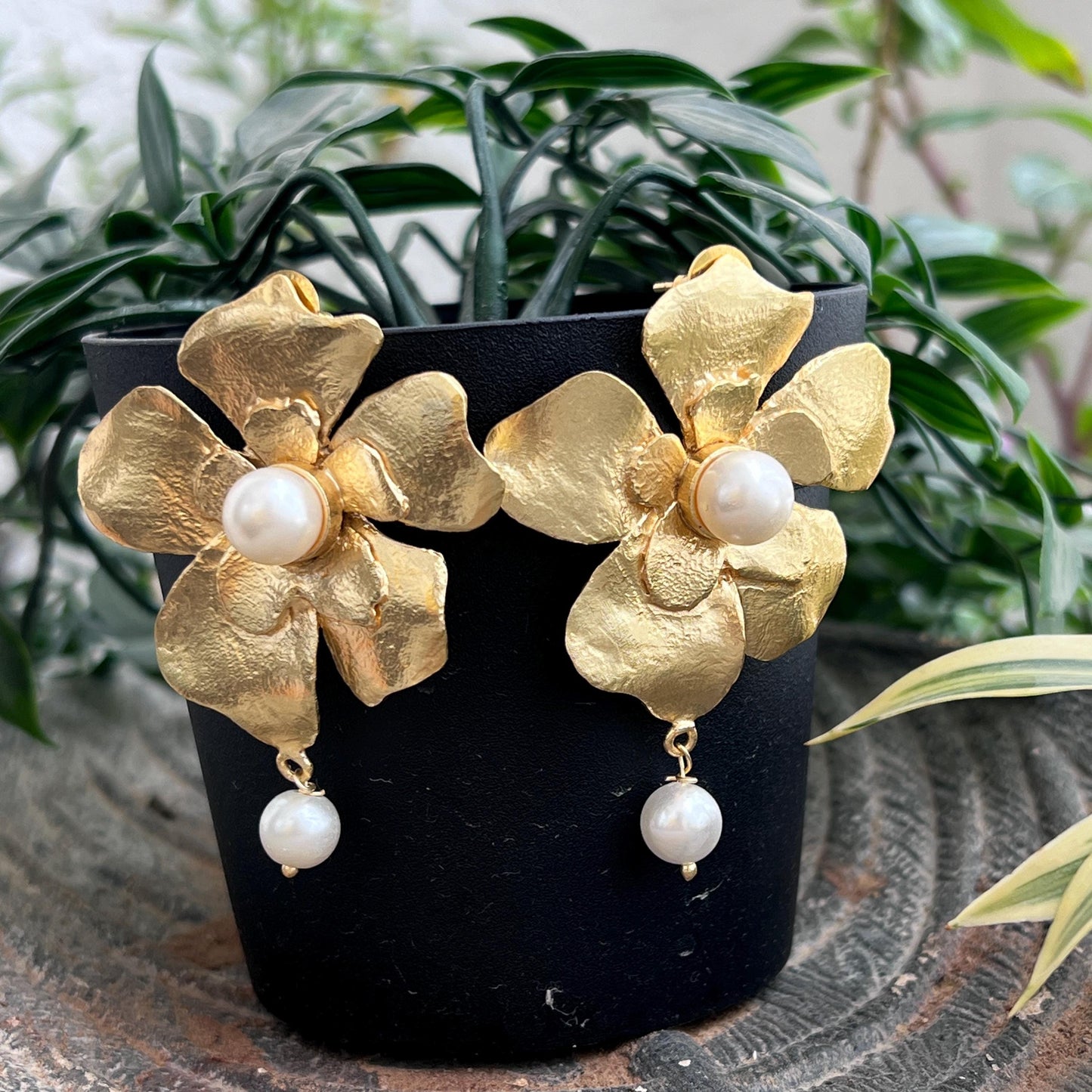 The Enache Heer Rani Floral Pearls - Oversized Gold Pearl Flower Statement Earrings TheEnache