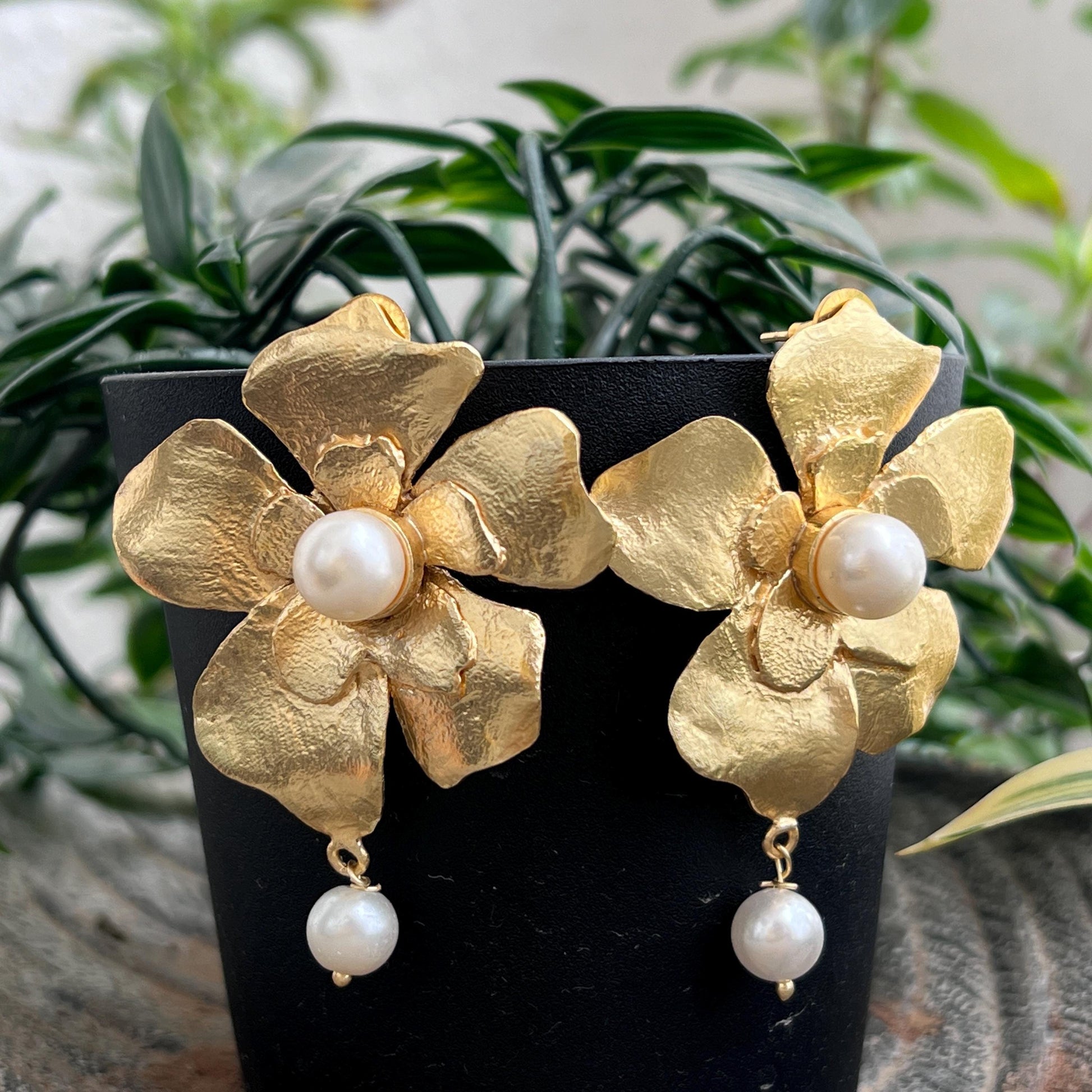 The Enache Heer Rani Floral Pearls - Oversized Gold Pearl Flower Statement Earrings TheEnache