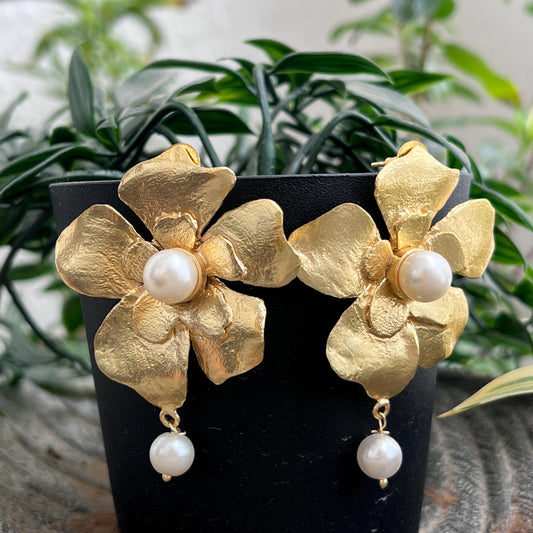 The Enache Heer Rani Floral Pearls - Oversized Gold Pearl Flower Statement Earrings TheEnache