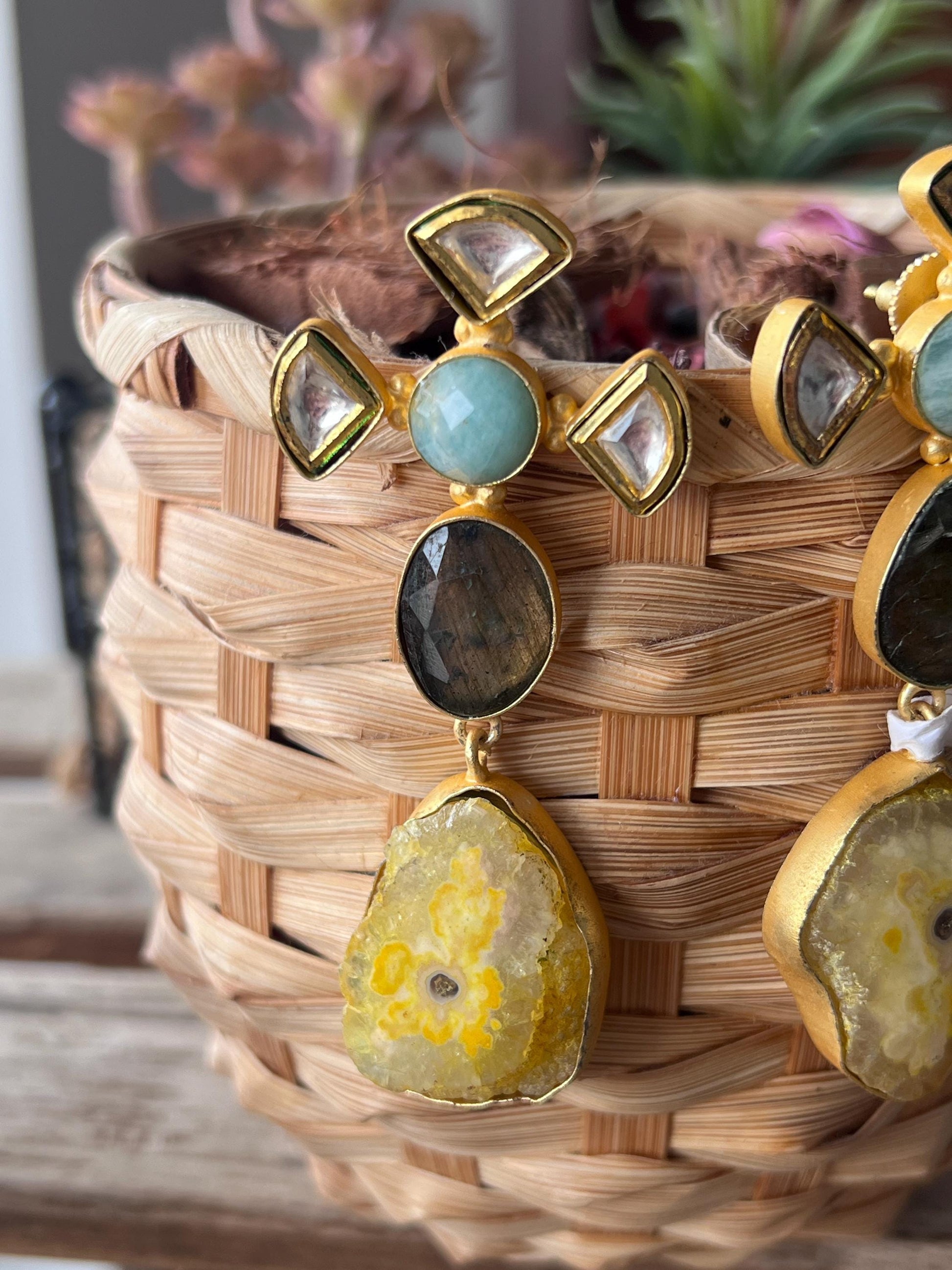 The Enache Kundan Yellow Agate Long Statement Earrings with Labradorite TheEnache