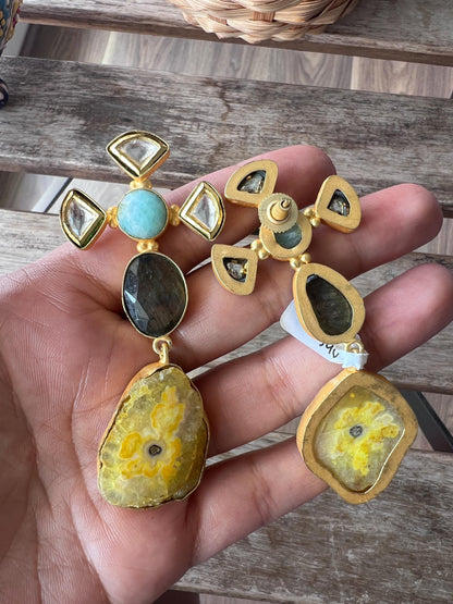 The Enache Kundan Yellow Agate Long Statement Earrings with Labradorite TheEnache