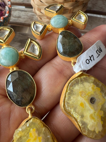 The Enache Kundan Yellow Agate Long Statement Earrings with Labradorite TheEnache