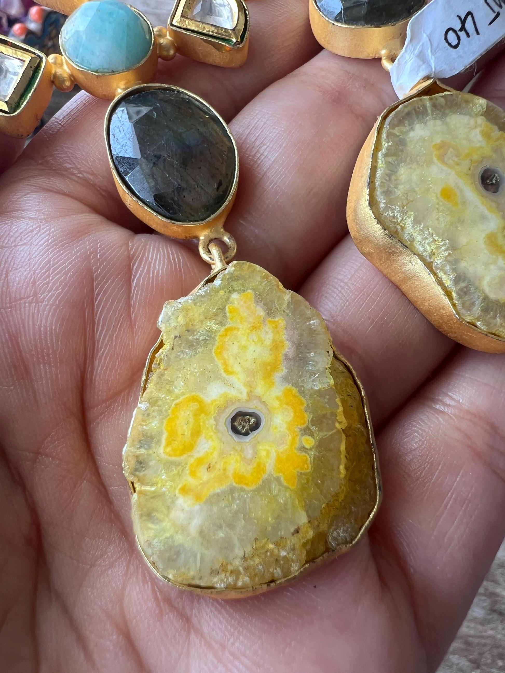 The Enache Kundan Yellow Agate Long Statement Earrings with Labradorite TheEnache