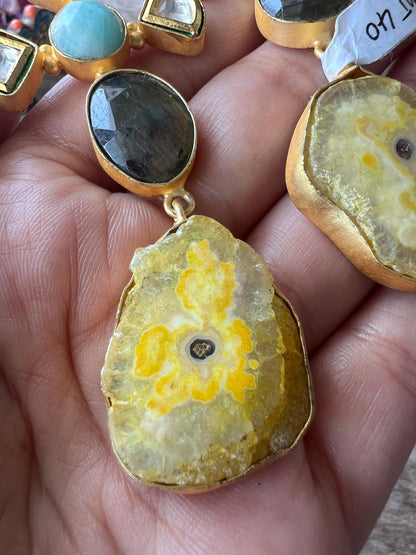 The Enache Kundan Yellow Agate Long Statement Earrings with Labradorite TheEnache