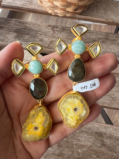 The Enache Kundan Yellow Agate Long Statement Earrings with Labradorite TheEnache