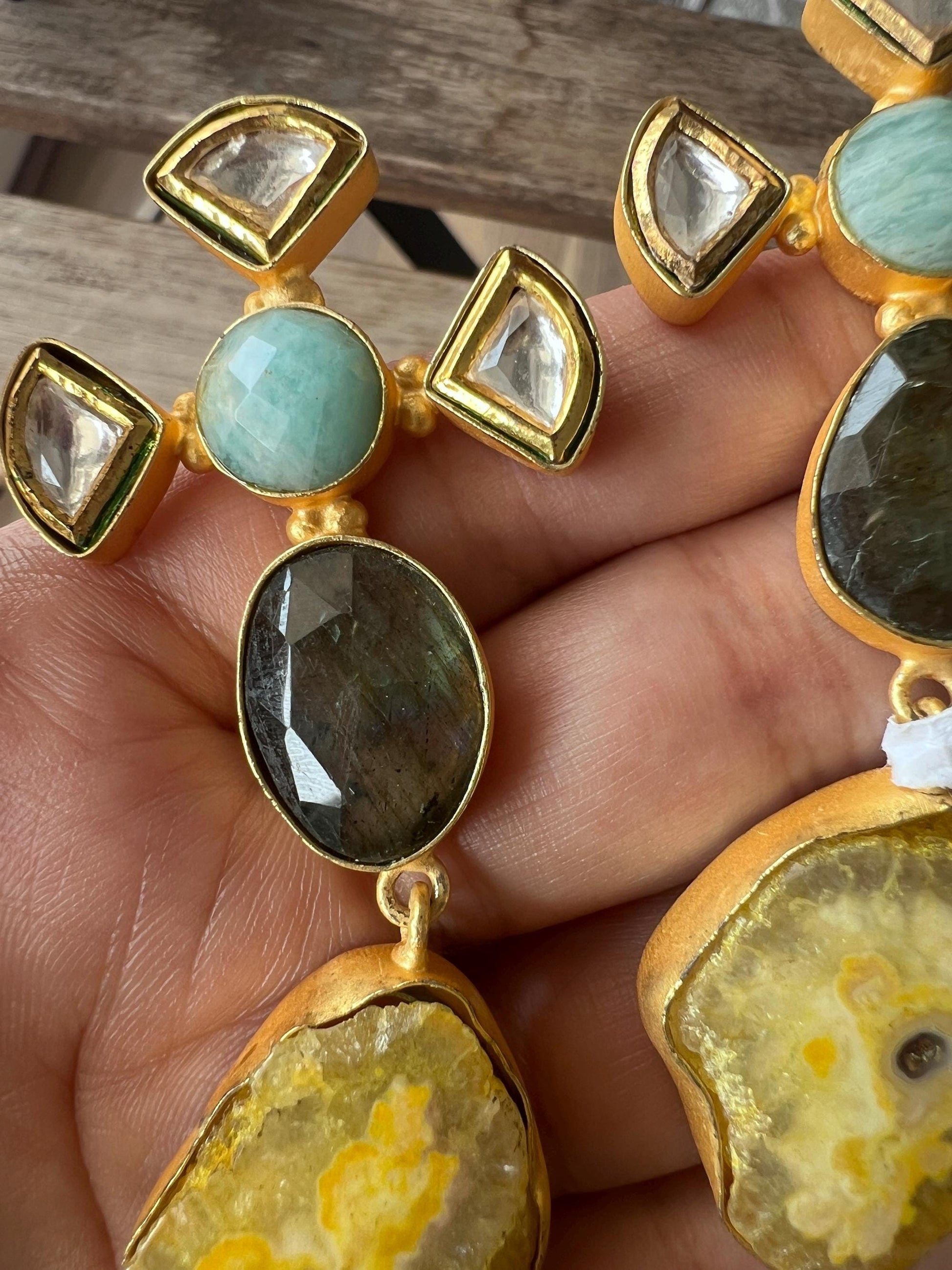 The Enache Kundan Yellow Agate Long Statement Earrings with Labradorite TheEnache