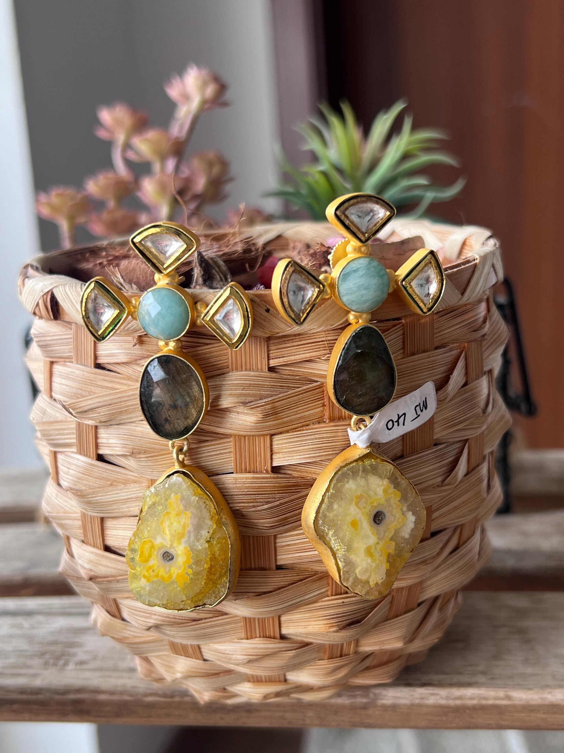 The Enache Kundan Yellow Agate Long Statement Earrings with Labradorite TheEnache