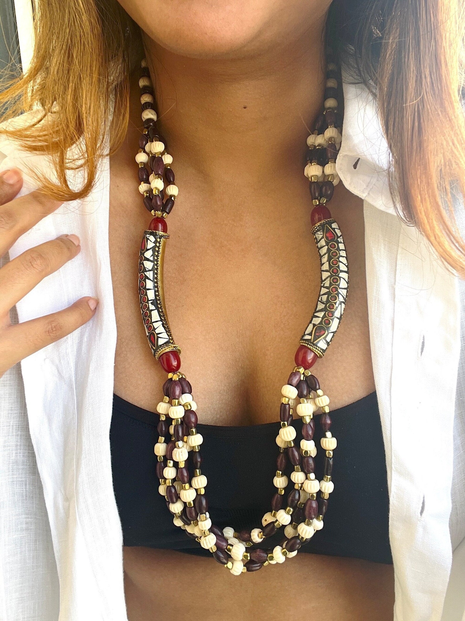 The Enache Maroon Chunky Beaded Boho Necklace TheEnache