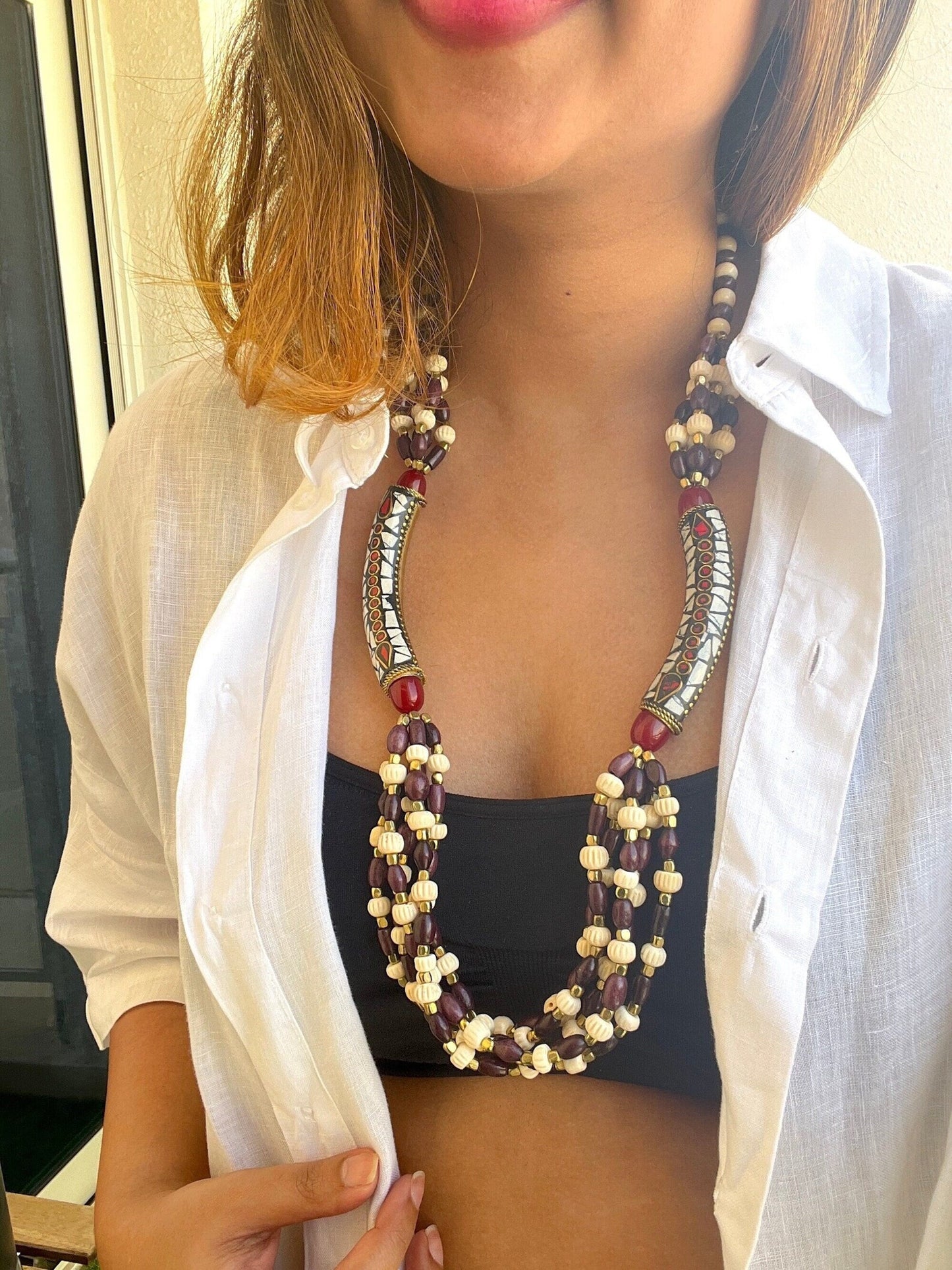 The Enache Maroon Chunky Beaded Boho Necklace TheEnache