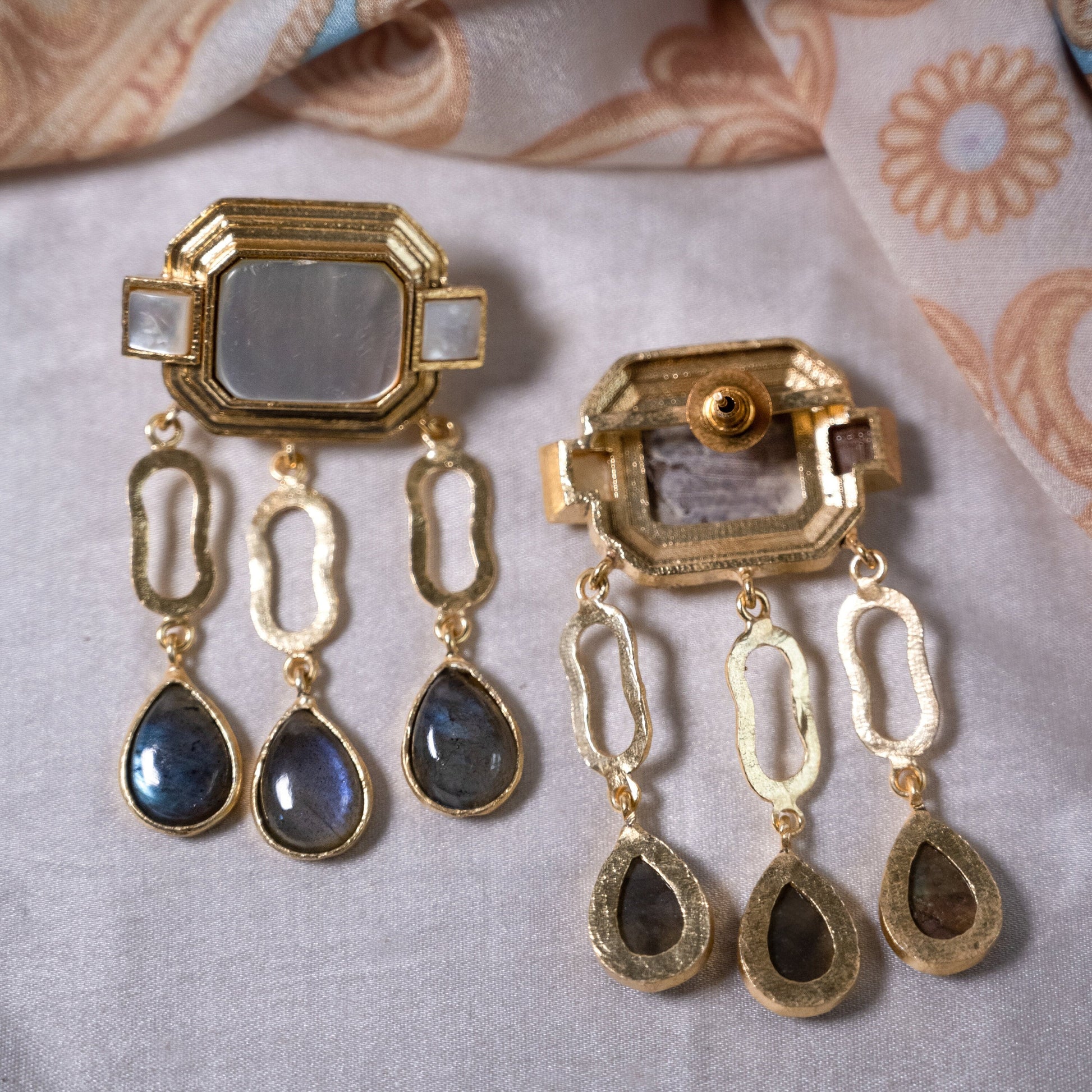 The Enache Mother of Pearl Labradorite Chandelier Earrings TheEnache