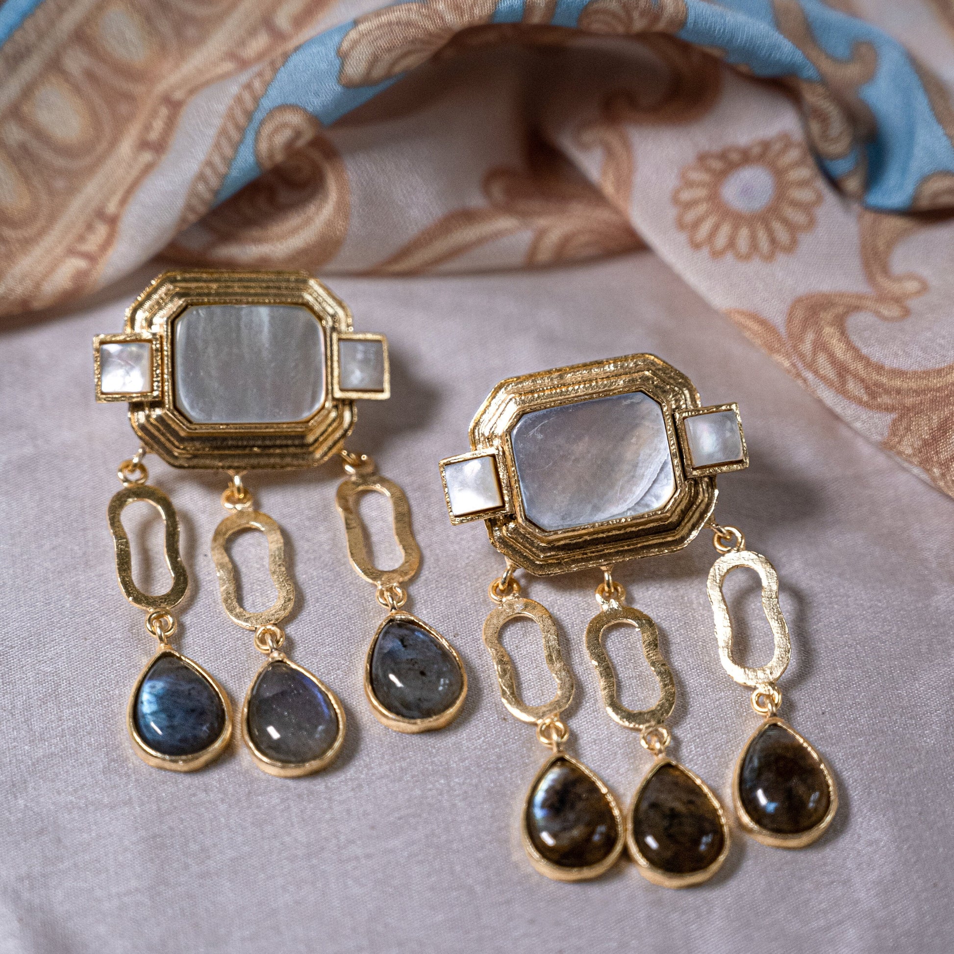 The Enache Mother of Pearl Labradorite Chandelier Earrings TheEnache