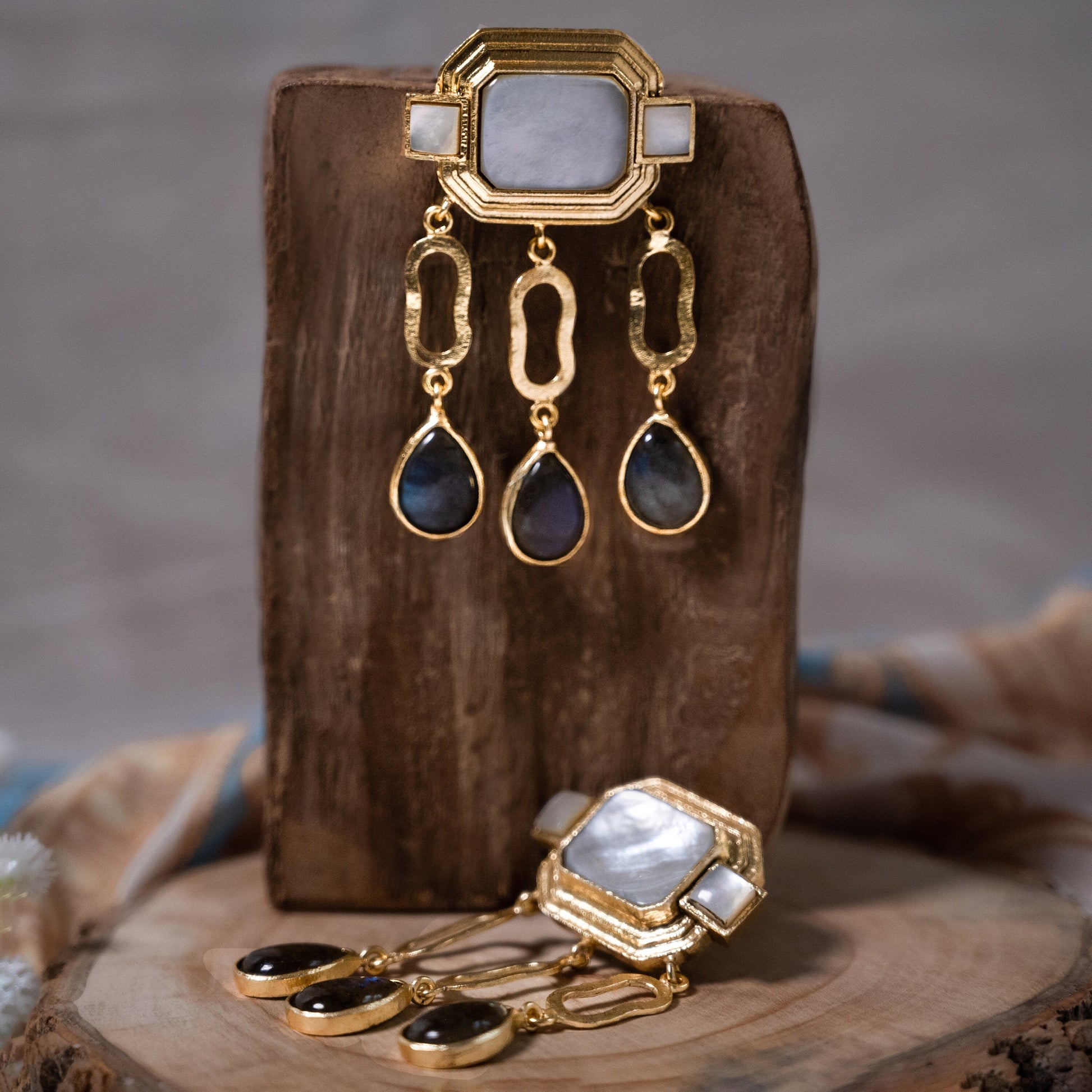 The Enache Mother of Pearl Labradorite Chandelier Earrings TheEnache