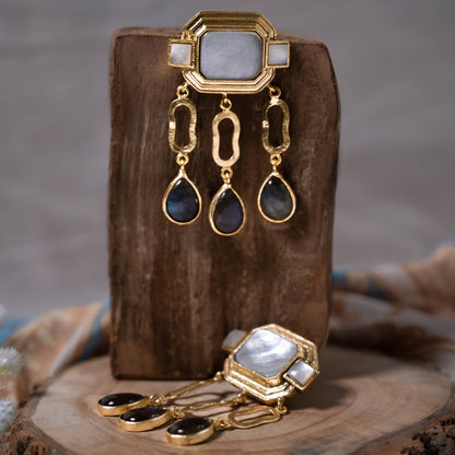 The Enache Mother of Pearl Labradorite Chandelier Earrings TheEnache