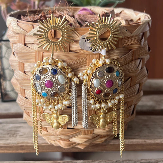 The Enache Navratan Large Gold Chunky Statement Dangle Earrings - Bohemian Gemstone Jewelry - Unique Designer Indian Ethnic Honey Bee Earrings TheEnache