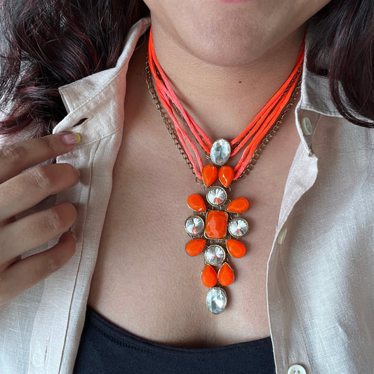 The Enache Neon Orange Crystal Rhinestone Bib Statement Necklace TheEnache