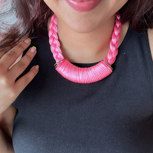 The Enache Neon Pink Braided Statement Bib Necklace TheEnache
