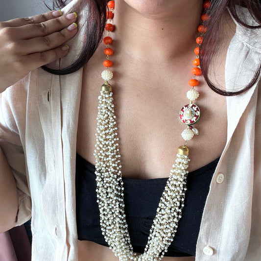 The Enache Orange Kundan and Pearl Long Beaded Chunky Necklace TheEnache