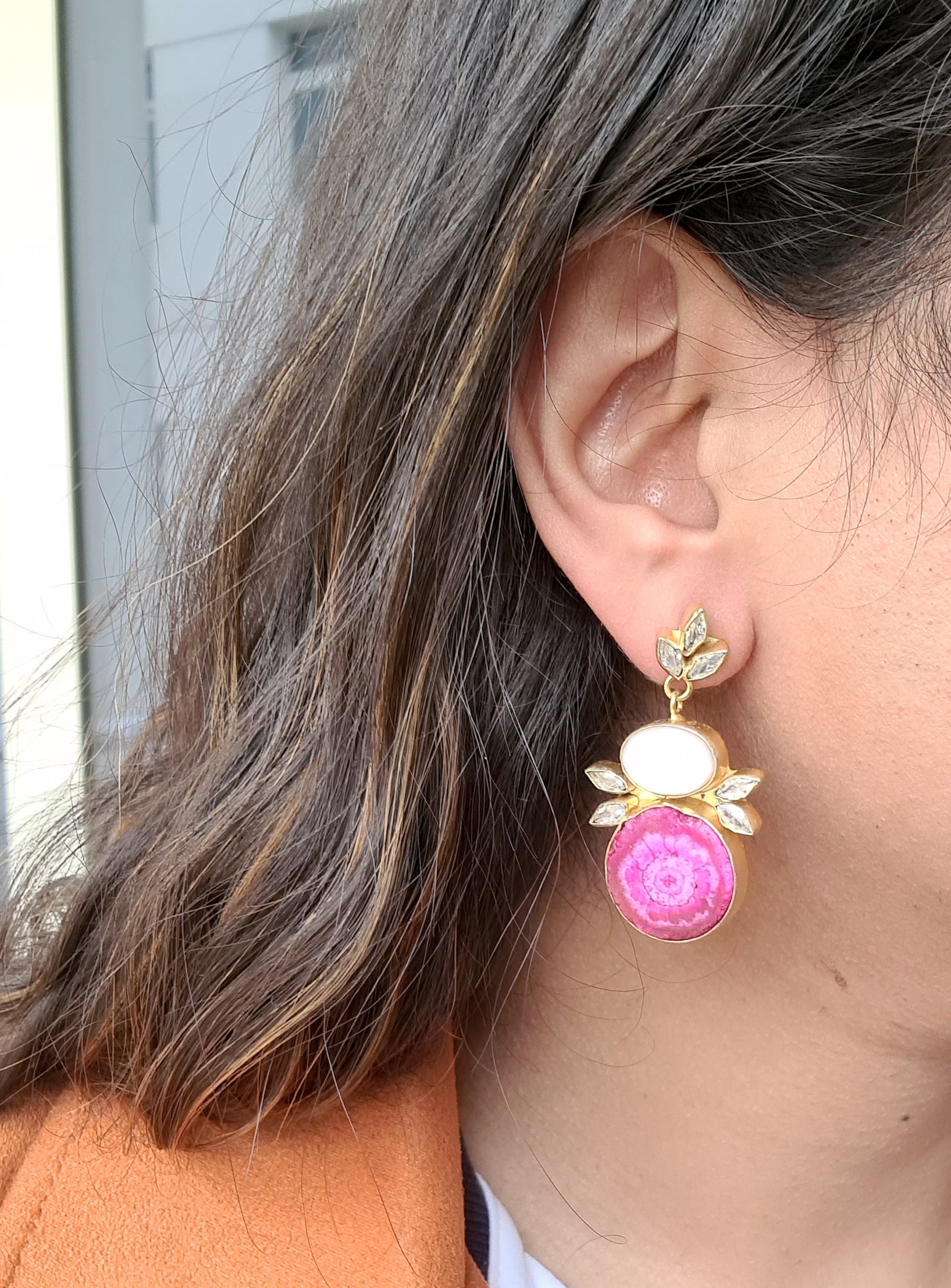 The Enache Pink Agate Wedding Earrings TheEnache